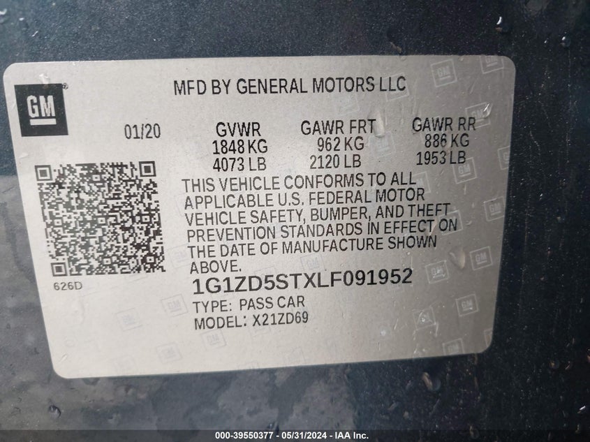 2020 Chevrolet Malibu Fwd Lt VIN: 1G1ZD5STXLF091952 Lot: 39550377