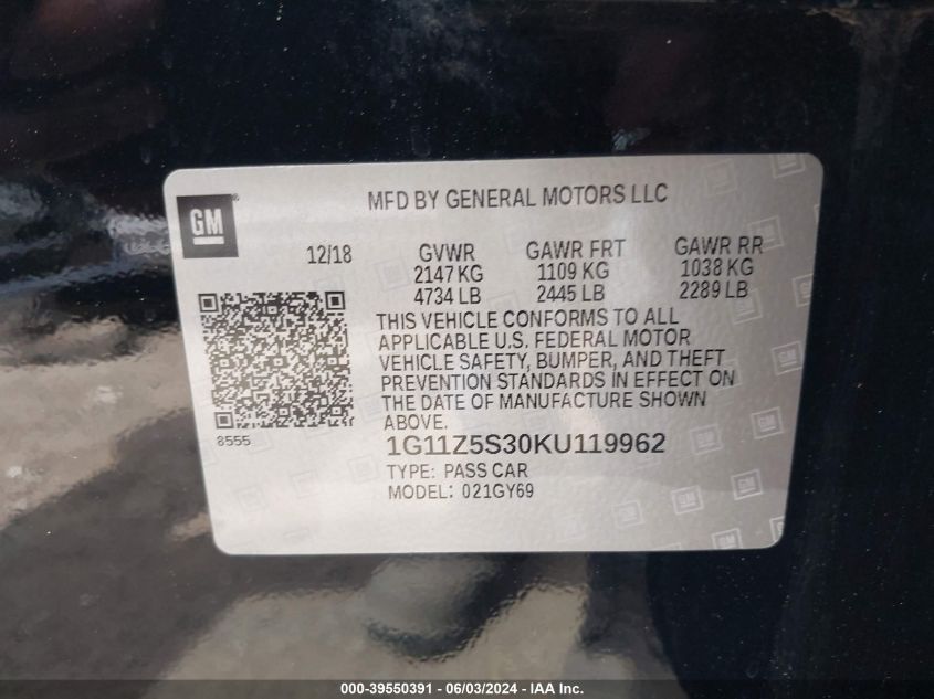 2019 Chevrolet Impala Lt VIN: 1G11Z5S30KU119962 Lot: 39550391