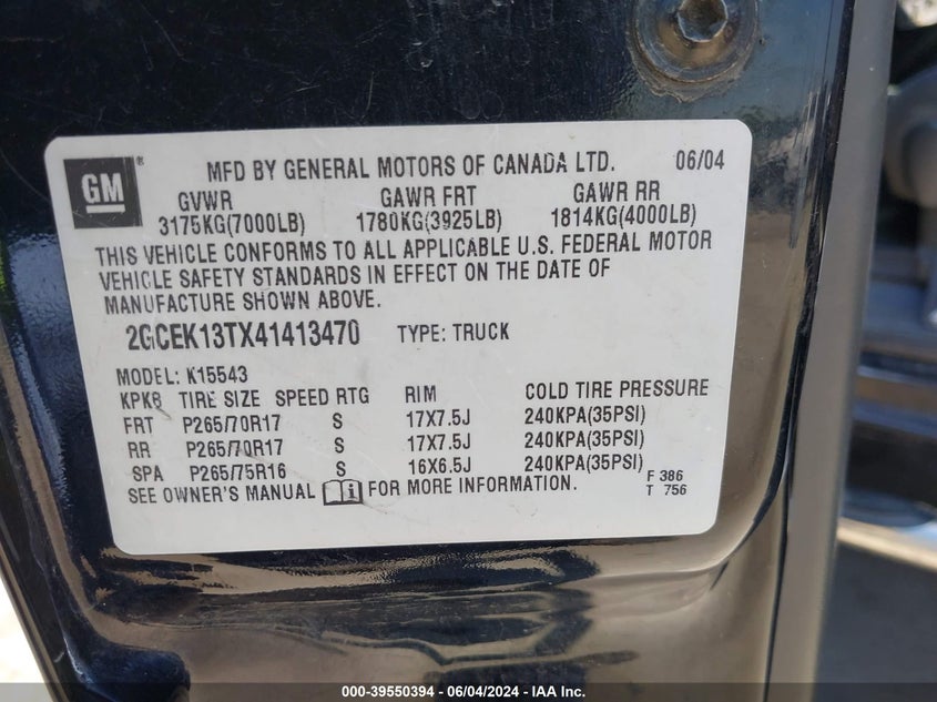 2004 Chevrolet Silverado 1500 Z71 VIN: 2GCEK13TX41413470 Lot: 39550394