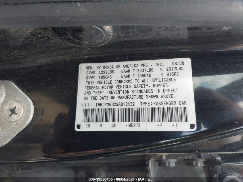 2009 Honda Accord 2.4 Lx VIN: 1HGCP26329A010432 Lot: 39550405