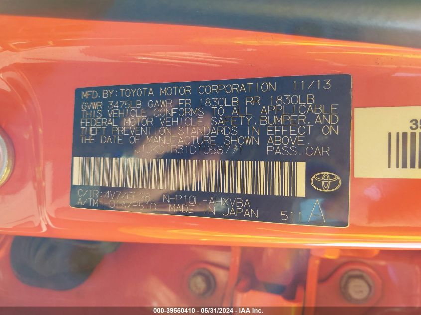 2013 Toyota Prius C VIN: JTDKDTB31D1058771 Lot: 39550410