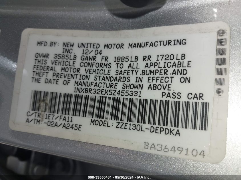 2005 Toyota Corolla Ce VIN: 1NXBR32EX5Z455331 Lot: 39550431