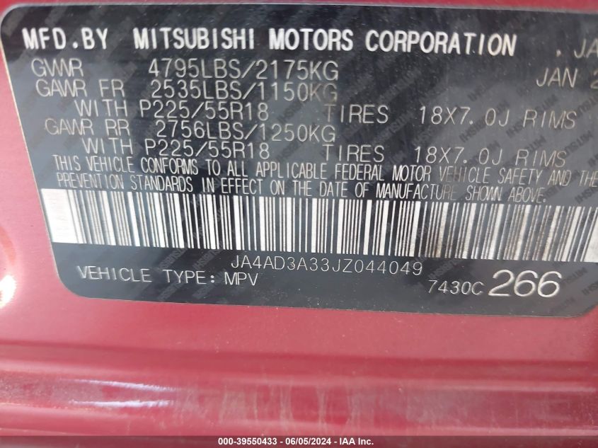 2018 Mitsubishi Outlander Le VIN: JA4AD3A33JZ044049 Lot: 39550433