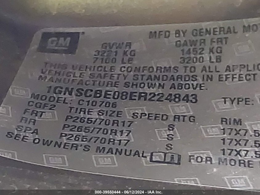 2014 Chevrolet Tahoe Lt VIN: 1GNSCBE08ER224843 Lot: 39550444