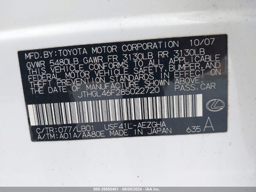 2008 Lexus Ls 460 L VIN: JTHGL46F285022720 Lot: 39550451