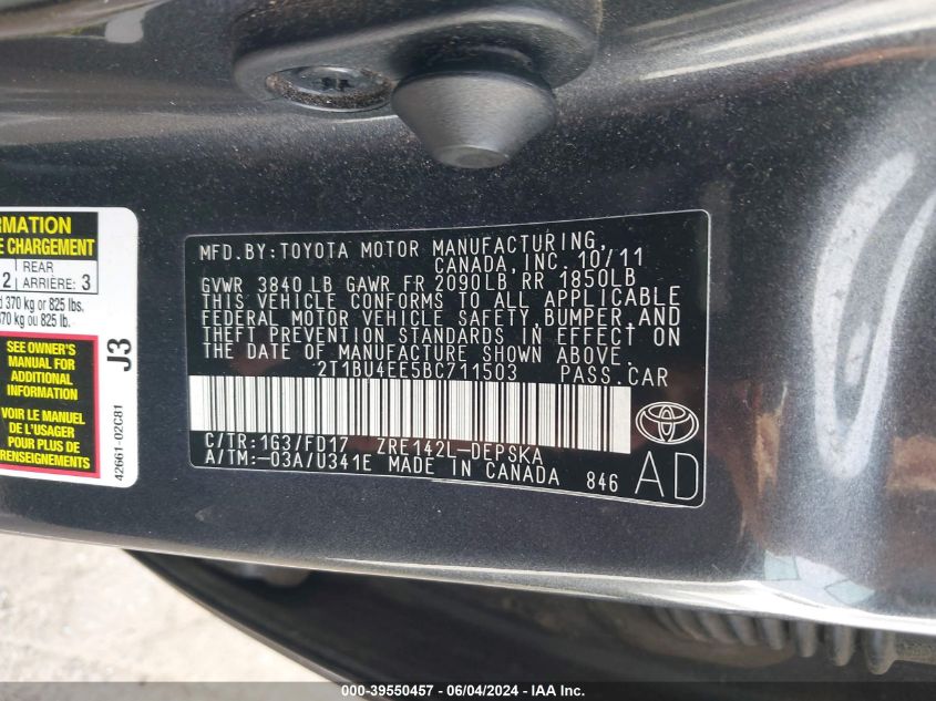 2011 Toyota Corolla S VIN: 2T1BU4EE5BC711503 Lot: 39550457