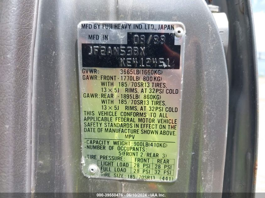 1989 Subaru Gl 4Wd VIN: JF2AN53BXKE412451 Lot: 39550476