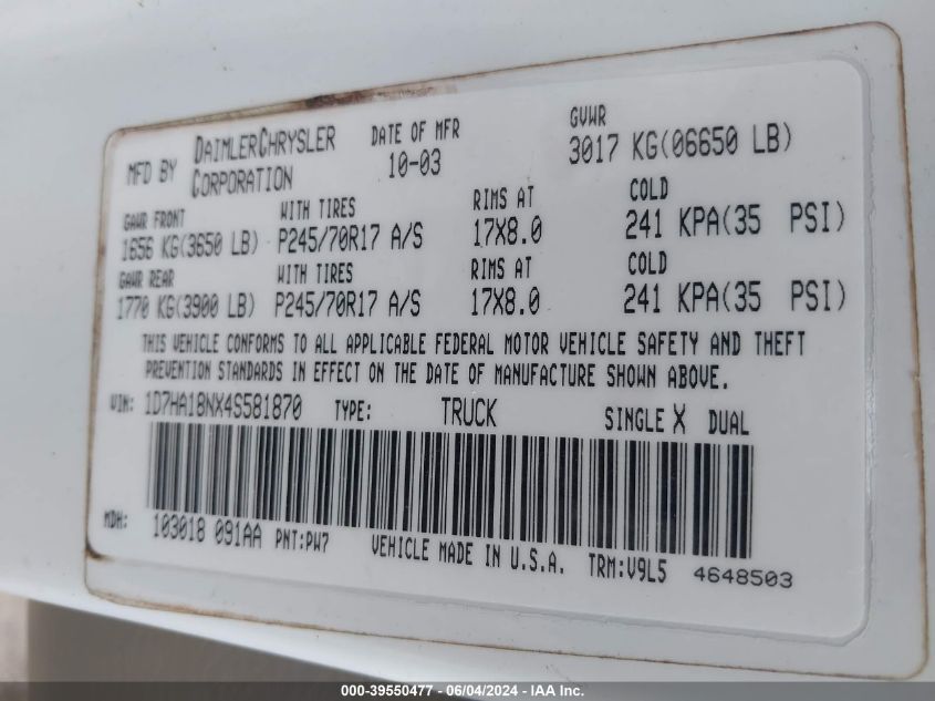 2004 Dodge Ram 1500 Slt/Laramie VIN: 1D7HA18NX4S581870 Lot: 39550477
