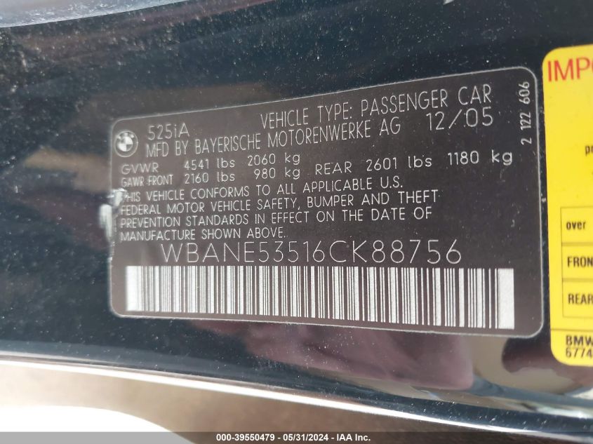 2006 BMW 525I VIN: WBANE53516CK88756 Lot: 39550479