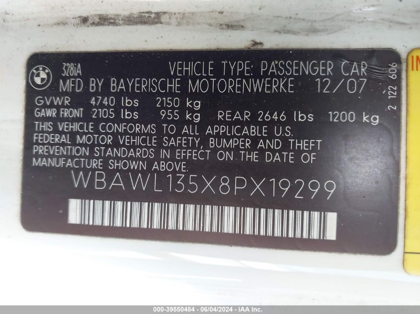 2008 BMW 328I VIN: WBAWL135X8PX19299 Lot: 39550484