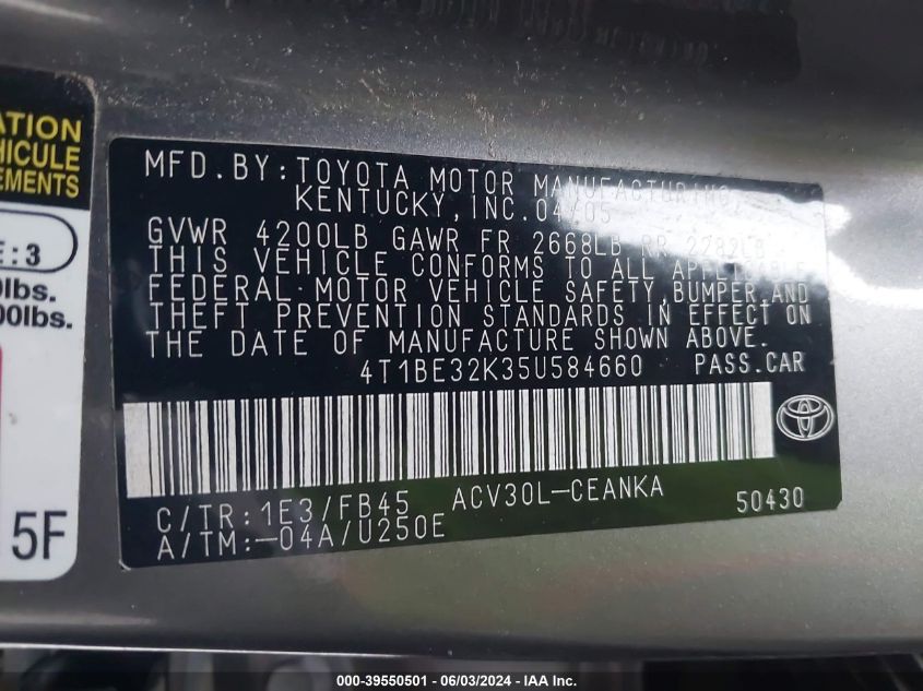 2005 Toyota Camry Le VIN: 4T1BE32K35U584660 Lot: 39550501