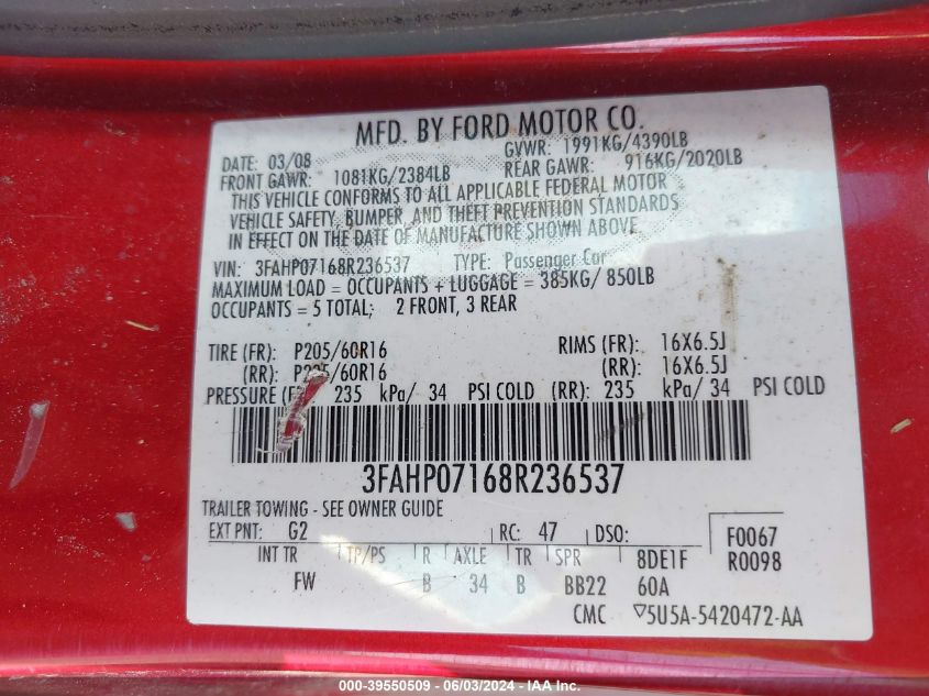 2008 Ford Fusion Se VIN: 3FAHP07168R236537 Lot: 39550509