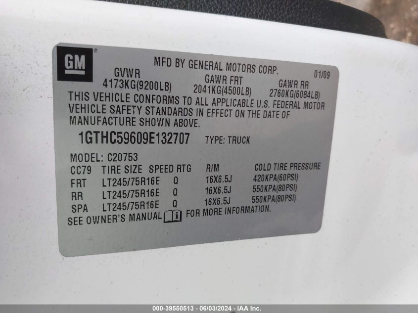2009 GMC Sierra 2500Hd Sle VIN: 1GTHC59609E132707 Lot: 39550513