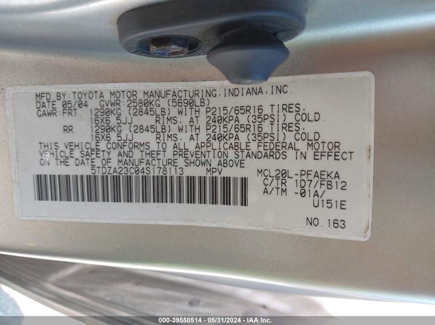 2004 Toyota Sienna Le VIN: 5TDZA23C04S178113 Lot: 39550514