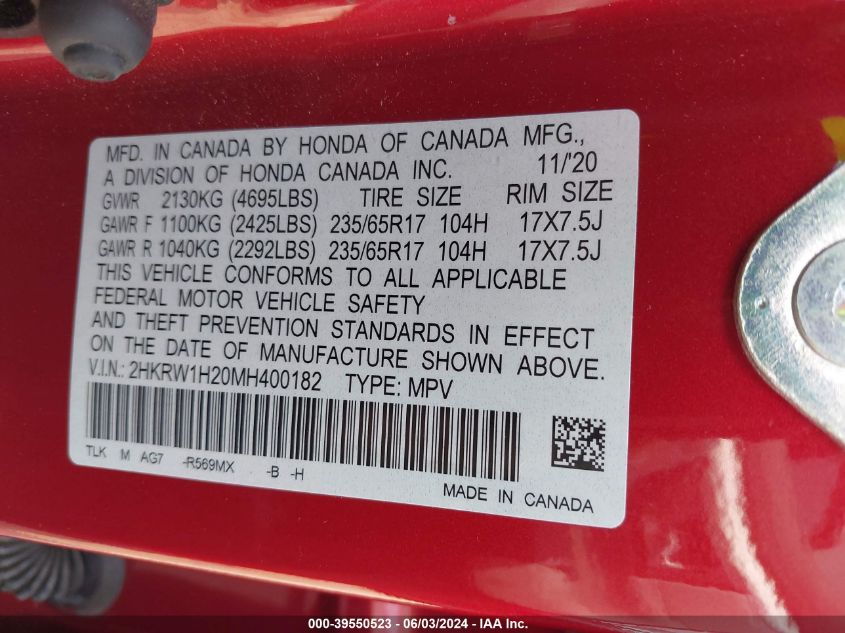 2021 Honda Cr-V 2Wd Lx VIN: 2HKRW1H20MH400182 Lot: 39550523