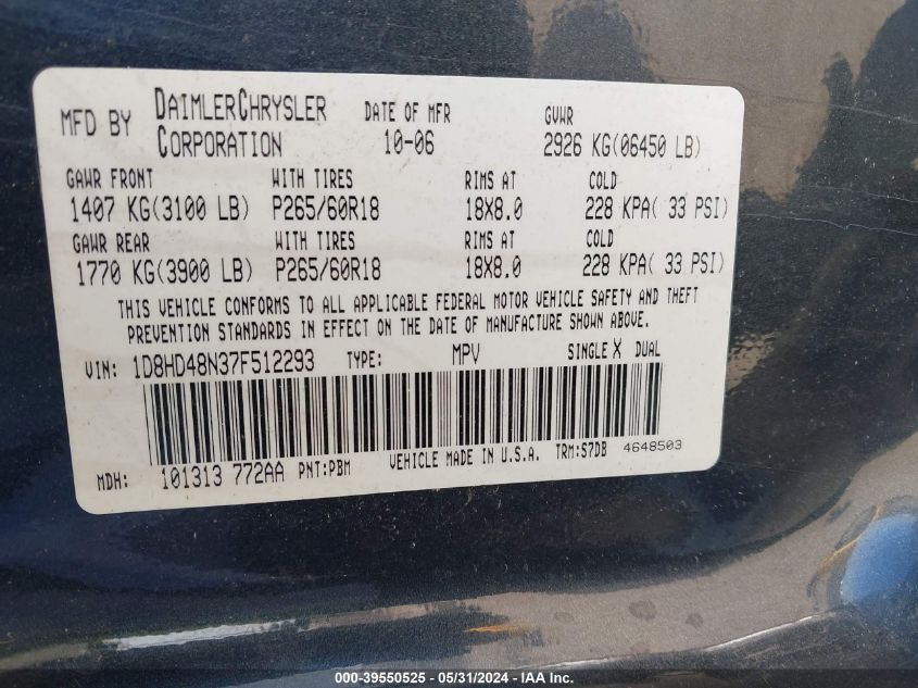 2007 Dodge Durango Slt VIN: 1D8HD48N37F512293 Lot: 39550525