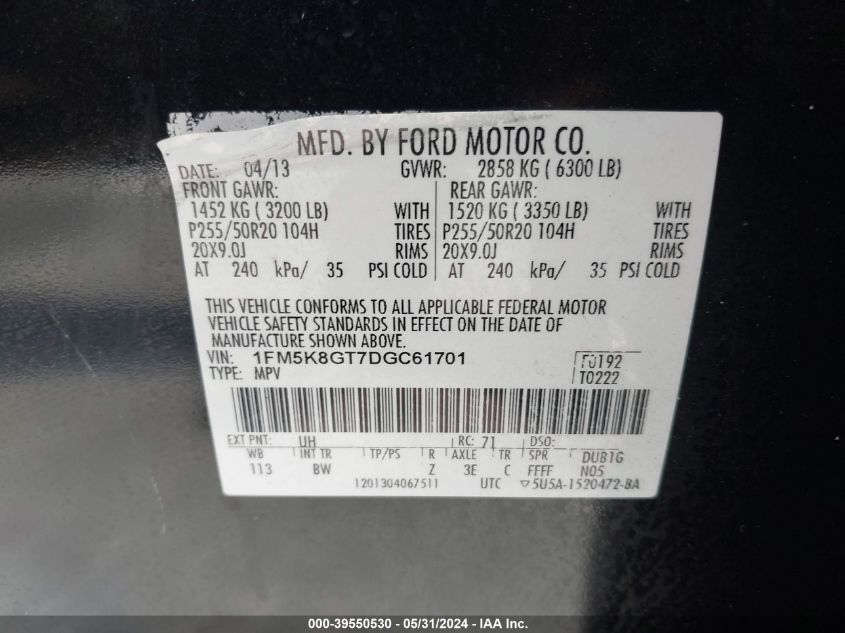 2013 Ford Explorer Sport VIN: 1FM5K8GT7DGC61701 Lot: 39550530