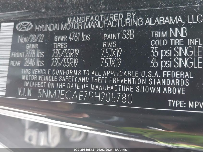 2023 Hyundai Tucson Limited VIN: 5NMJECAE7PH205780 Lot: 39550542