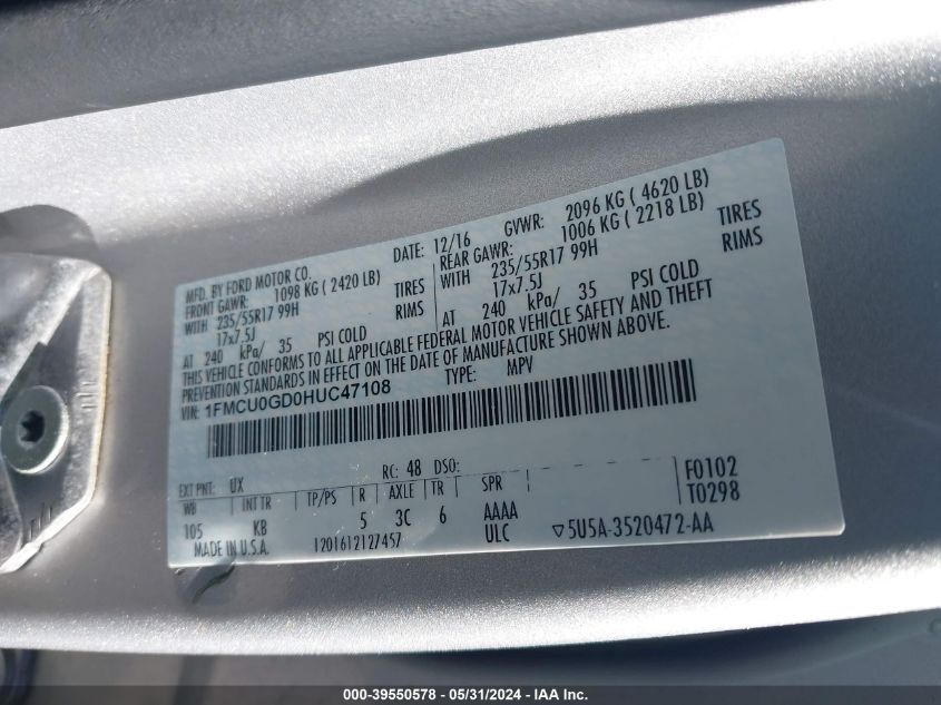 2017 Ford Escape Se VIN: 1FMCU0GD0HUC47108 Lot: 39550578