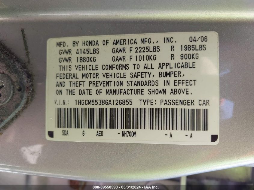 2006 Honda Accord 2.4 Se VIN: 1HGCM55386A126855 Lot: 39550590