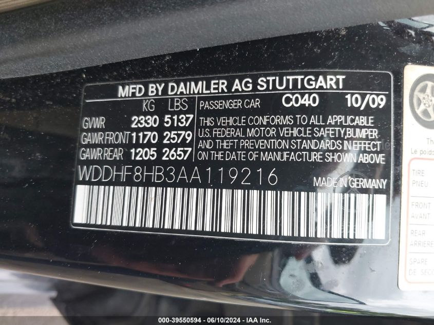 2010 Mercedes-Benz E 350 4Matic VIN: WDDHF8HB3AA119216 Lot: 39550594