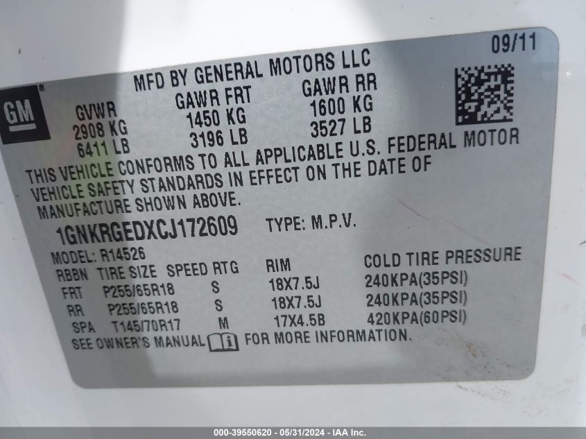 2012 Chevrolet Traverse 1Lt VIN: 1GNKRGEDXCJ172609 Lot: 39550620