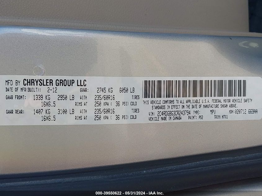 2012 Dodge Grand Caravan Se/Avp VIN: 2C4RDGBG3CR243794 Lot: 39550622