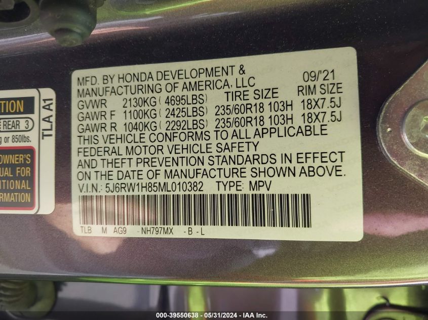 2021 HONDA CR-V EXL - 5J6RW1H85ML010382