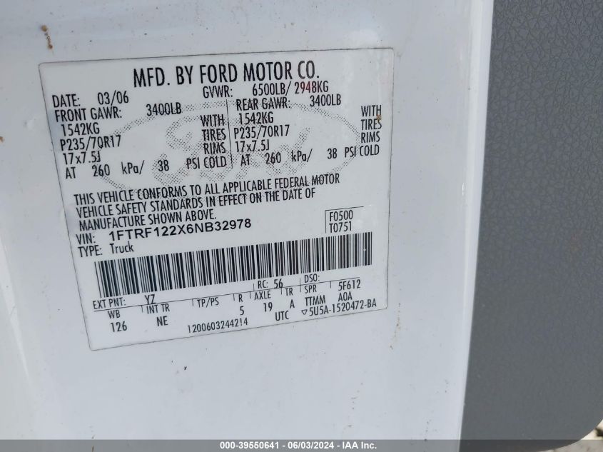 2006 Ford F-150 Stx/Xl/Xlt VIN: 1FTRF122X6NB32978 Lot: 39550641