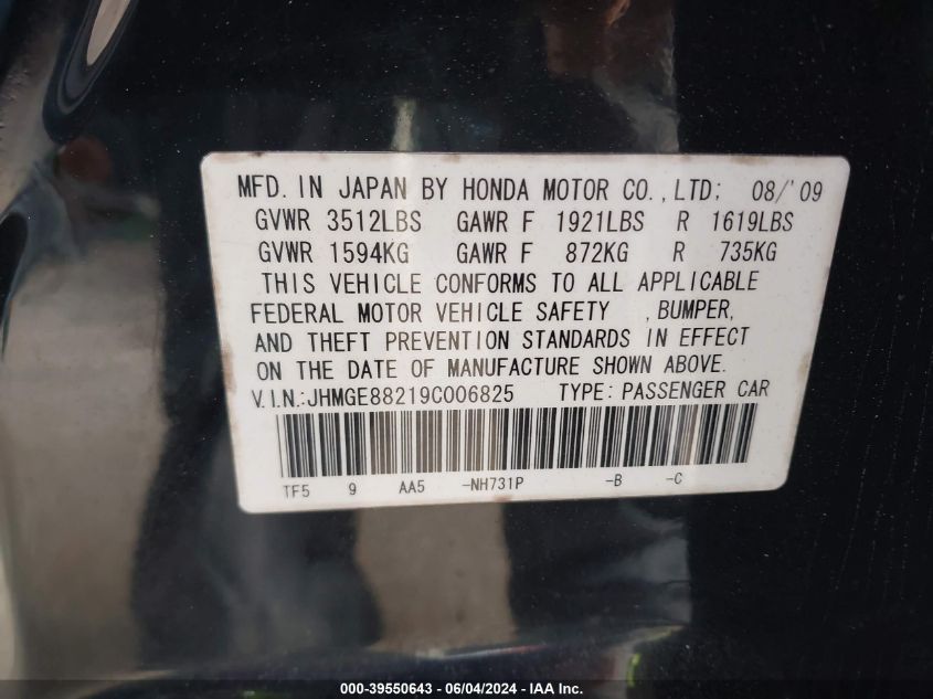 2009 Honda Fit VIN: JHMGE88219C006825 Lot: 39550643