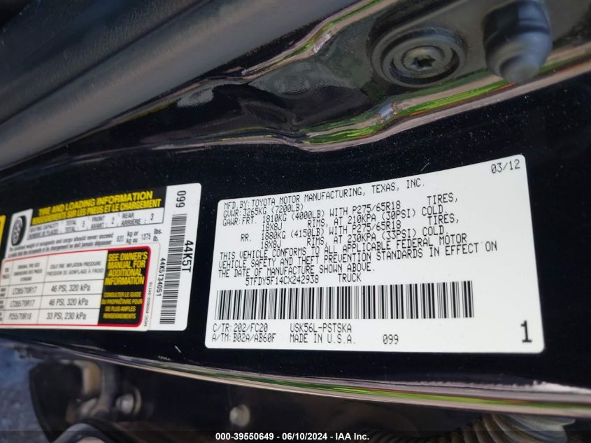 2012 Toyota Tundra Grade 5.7L V8 VIN: 5TFDY5F14CX242938 Lot: 39550649