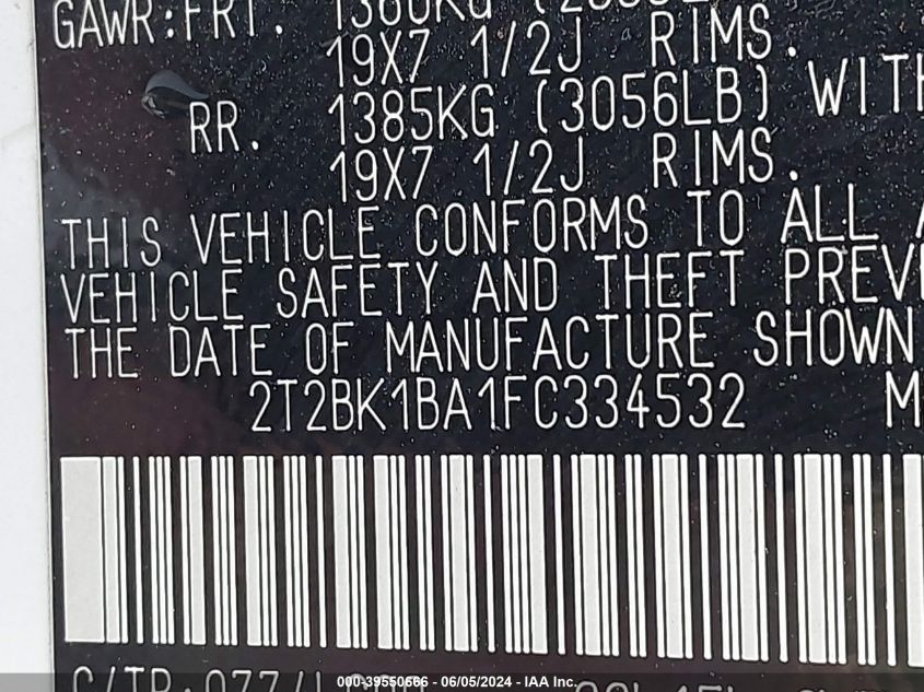 2015 Lexus Rx 350 VIN: 2T2BK1BA1FC334532 Lot: 39550666