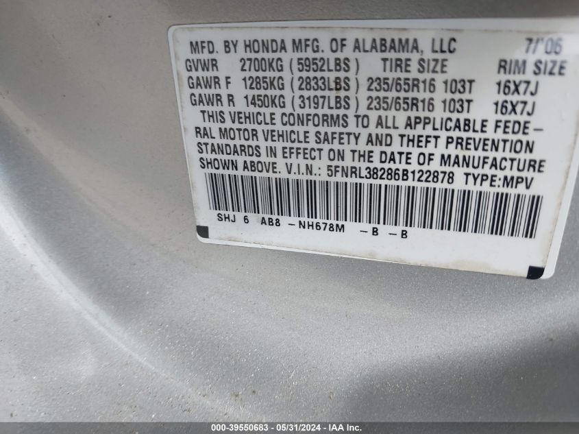 2006 Honda Odyssey Lx VIN: 5FNRL38286B122878 Lot: 39550683
