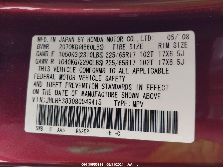 2008 Honda Cr-V Lx VIN: JHLRE38308C049415 Lot: 39550696