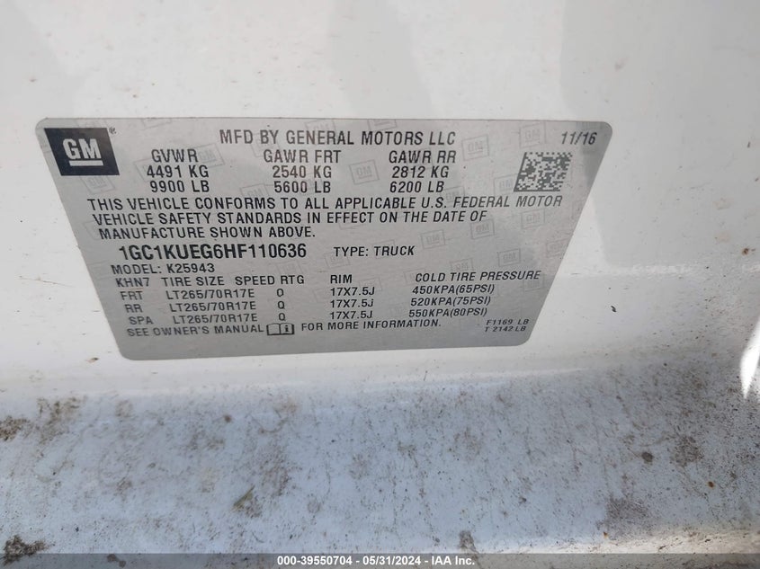 2017 Chevrolet Silverado 2500Hd Wt VIN: 1GC1KUEG6HF110636 Lot: 39550704