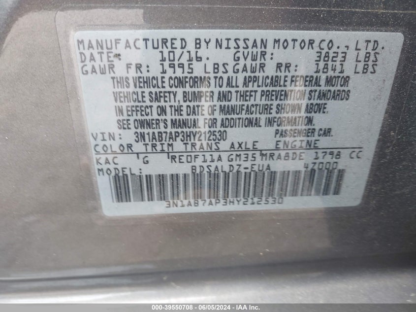 2017 Nissan Sentra Sv VIN: 3N1AB7AP3HY212530 Lot: 39550708