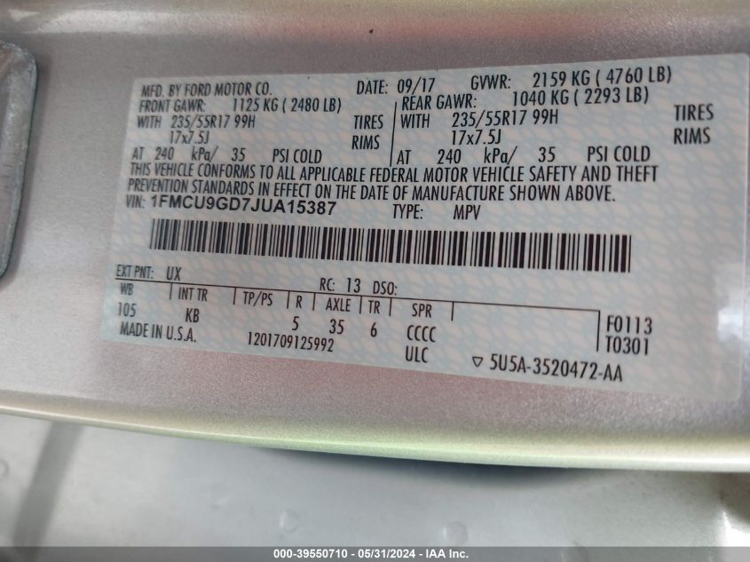 2018 Ford Escape Se VIN: 1FMCU9GD7JUA15387 Lot: 39550710