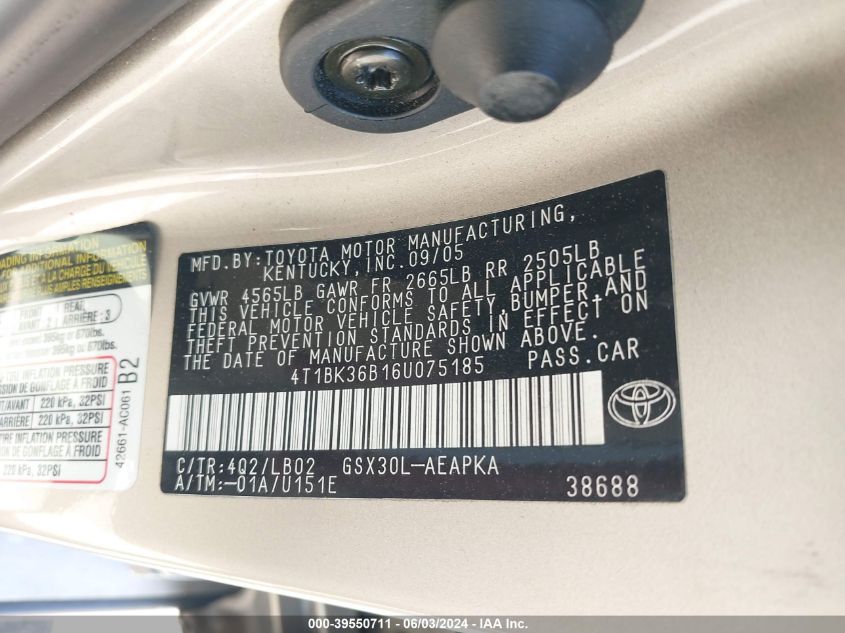 2006 Toyota Avalon Xl/Xls/Touring/Limited VIN: 4T1BK36B16U075185 Lot: 39550711