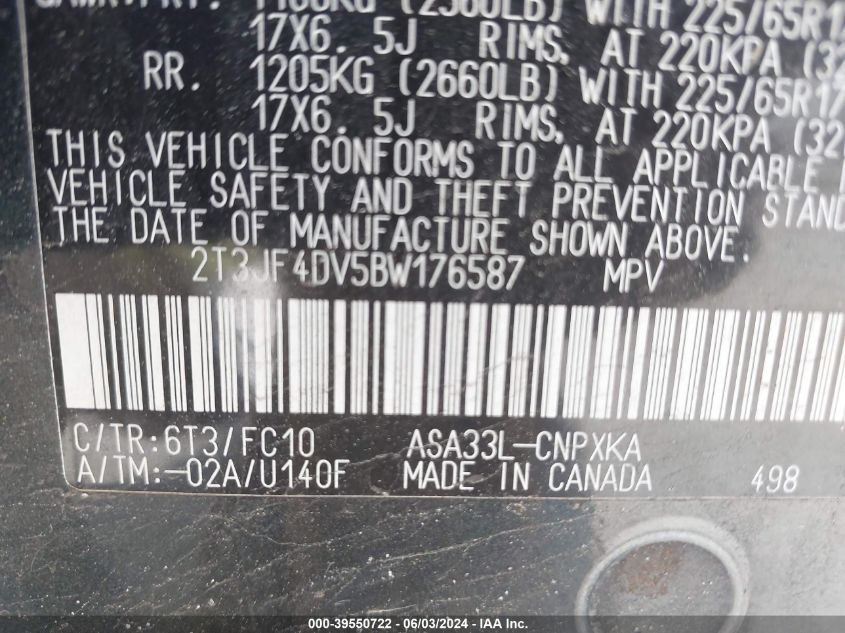 2011 Toyota Rav4 VIN: 2T3JF4DV5BW176587 Lot: 39550722