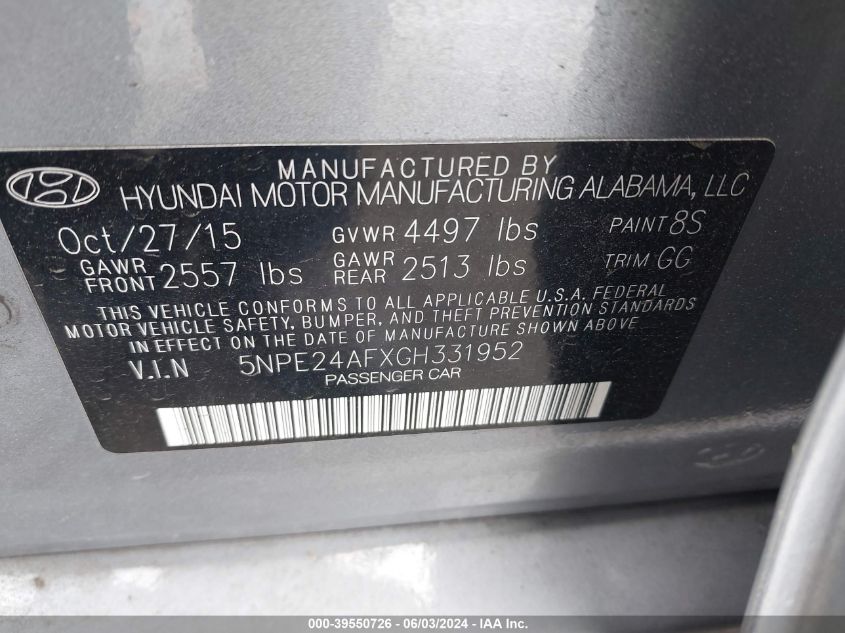 2016 Hyundai Sonata Se VIN: 5NPE24AFXGH331952 Lot: 39550726