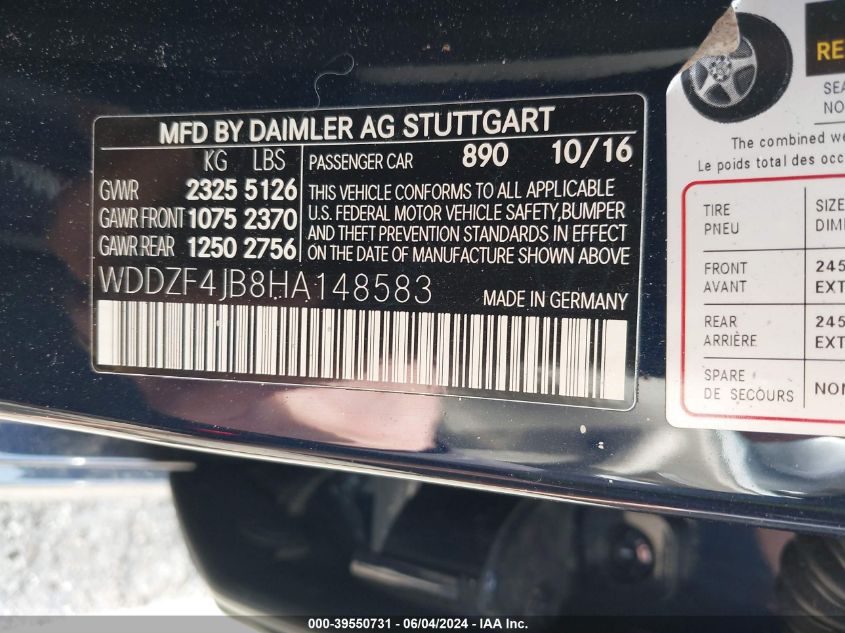 2017 Mercedes-Benz E 300 VIN: WDDZF4JB8HA148583 Lot: 39550731