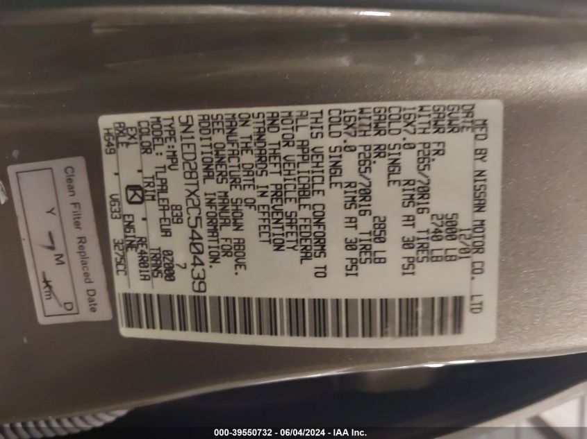 2002 Nissan Xterra Xe VIN: 5N1ED28TX2C540439 Lot: 39550732