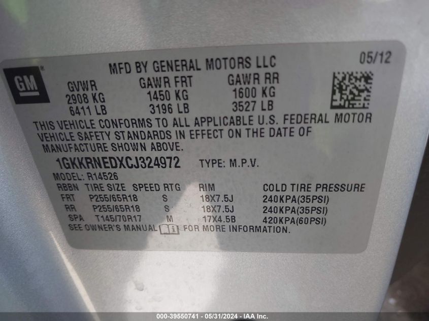 2012 GMC Acadia Sl VIN: 1GKKRNEDXCJ324972 Lot: 39550741