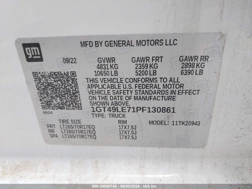 2023 GMC Sierra 2500Hd 4Wd Long Bed Pro VIN: 1GT49LE71PF130861 Lot: 39550745
