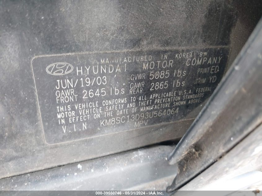 KM8SC13D93U564064 2003 Hyundai Santa Fe Gls/Lx