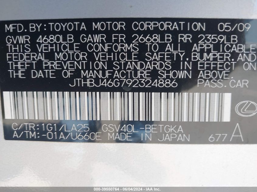 2009 Lexus Es 350 VIN: JTHBJ46G792324886 Lot: 39550764