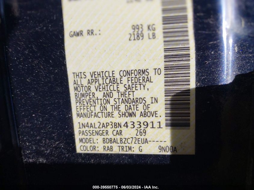 2011 Nissan Altima 2.5 S VIN: 1N4AL2AP3BN433911 Lot: 39550775