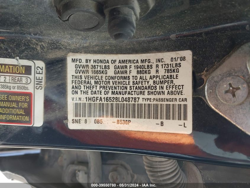 2008 Honda Civic Lx VIN: 1HGFA16528L048787 Lot: 39550780