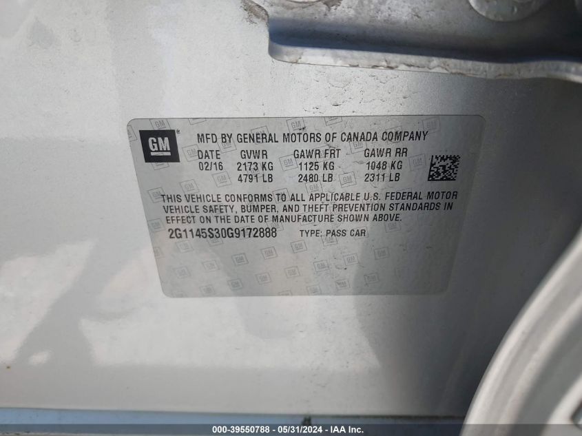2016 Chevrolet Impala 2Lz VIN: 2G1145S30G9172888 Lot: 39550788