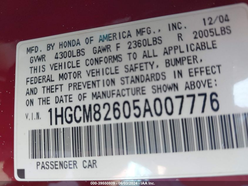 2005 Honda Accord 3.0 Ex VIN: 1HGCM82605A007776 Lot: 39550809